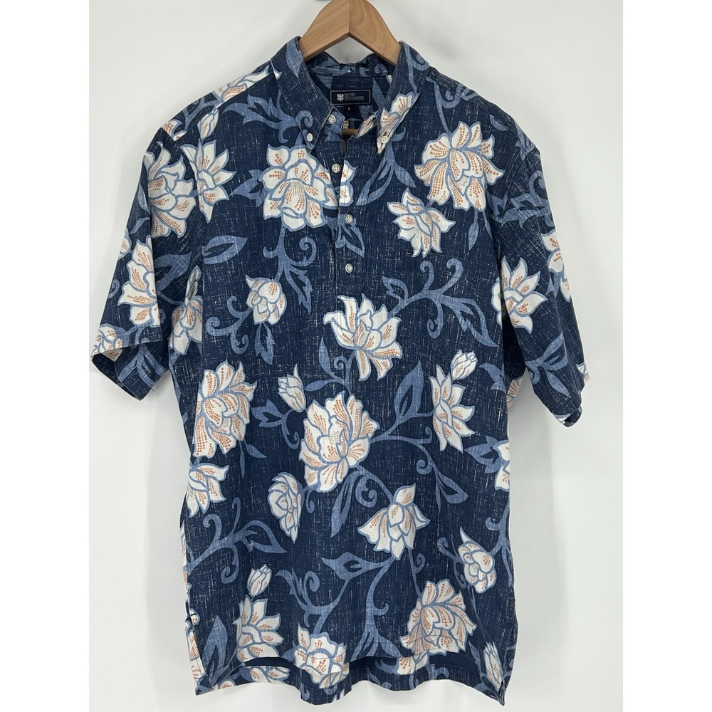 Reyn Spooner Blue Gold Floral Popover Hawaiian Shirt Men's Size Large